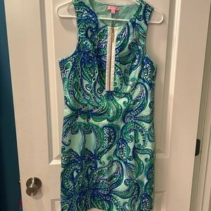 Lilly Pulitzer Blue and Green Paisley Shift Dress size 8 zipper front